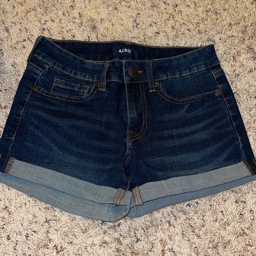 aero dark wash denim shorts low rise midi